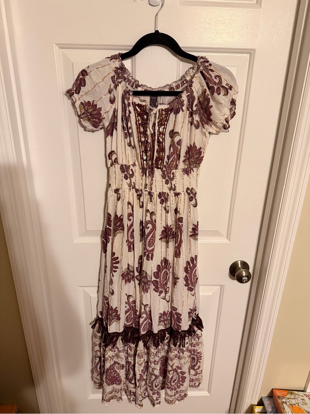 Me 2 Magic Anthropologie Smocked Paisley Maxi Dress Small Gold Metallic Sequin